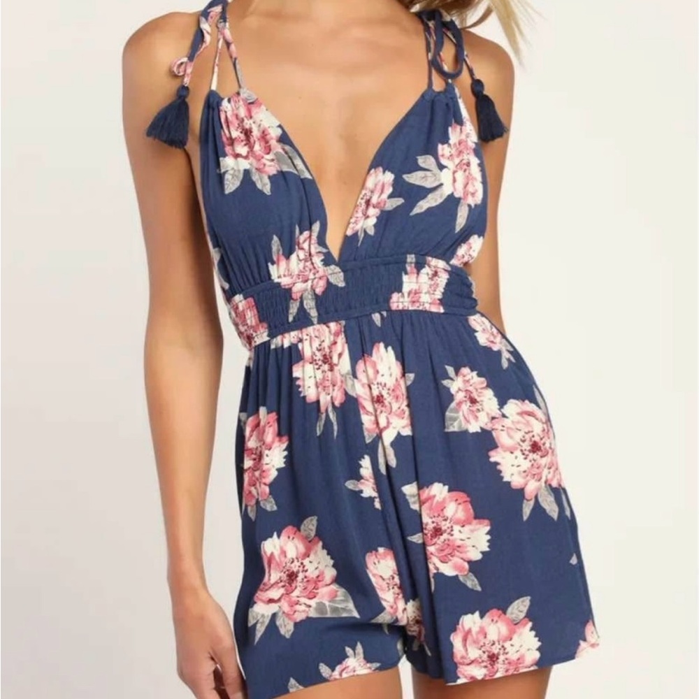 We Found Love Denim Blue Floral Print Romper
